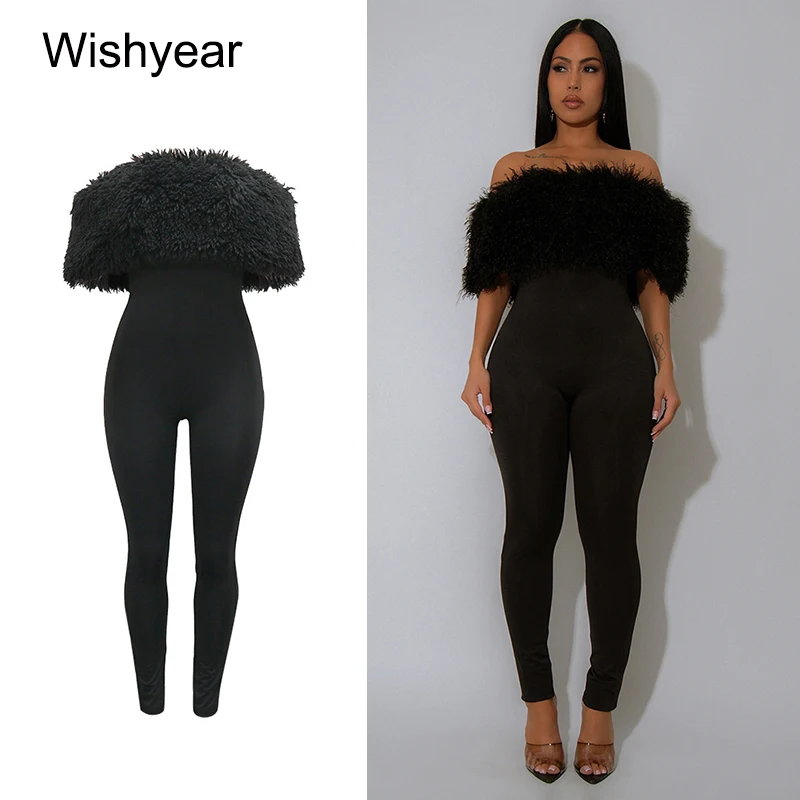 New Off-Shoulder Women's Feather Slash Neck Strapless Black Skinny Jumpsuit for Autumn Evening Night Birthday Parties Rompers
