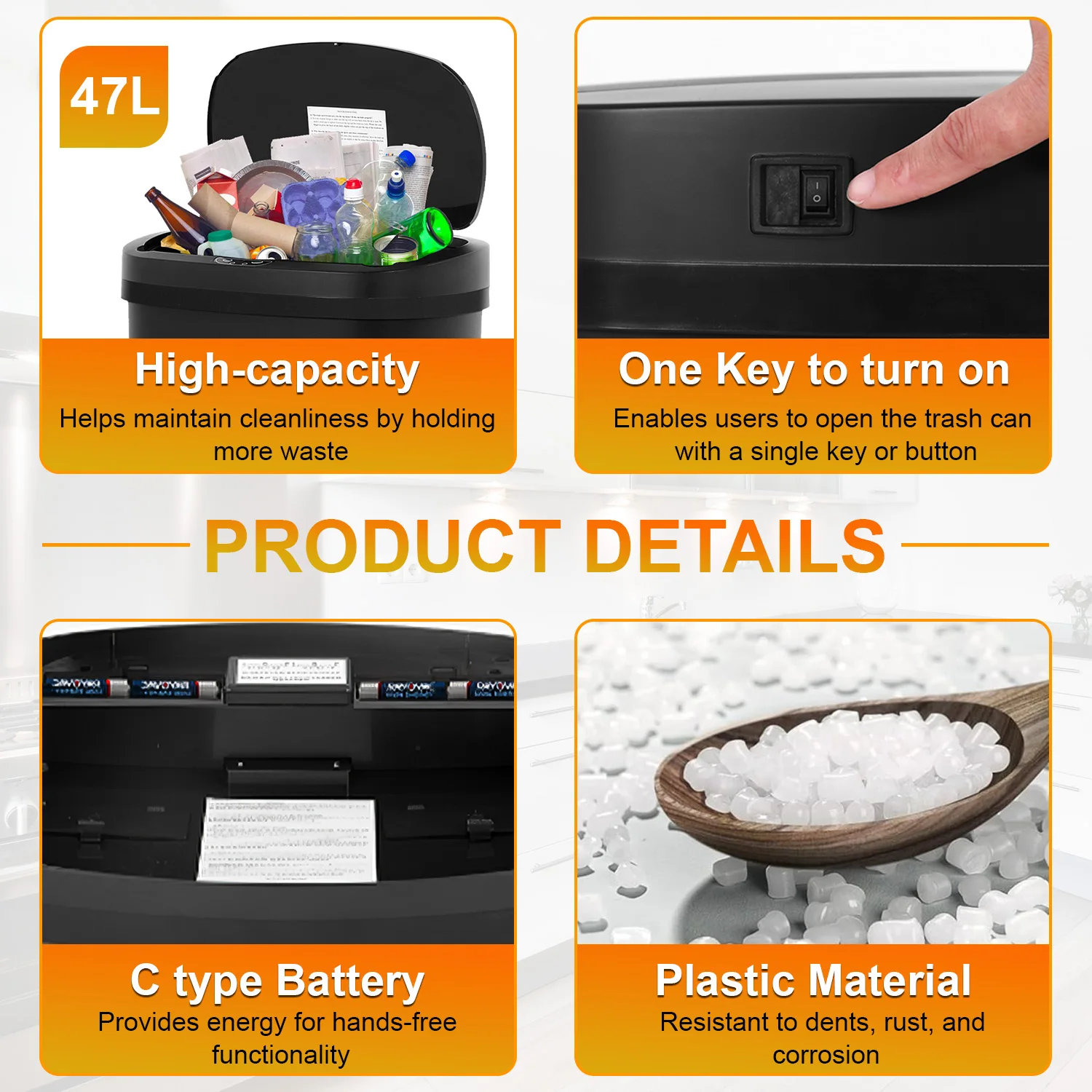 سلة مهملات أوتوماتيكية سعة 13 جالونًا، صندوق مستشعر حركة بلاستيكي مستطيل مع غطاء إغلاق هادئ للمطبخ وغرفة النوم والحمام والمكتب