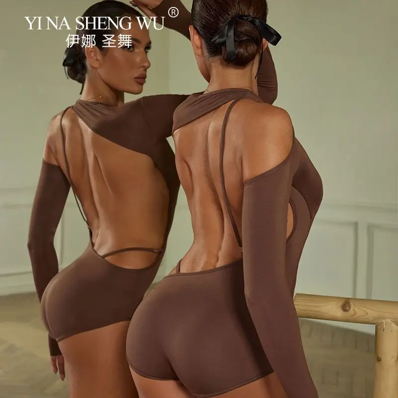 라틴 댄스 탑 여성 섹시한 백 레스 긴 소매 바디 슈트 볼룸 댄스 삼바 룸바 차차 댄스 트레이닝 레오타드 점프 슈트