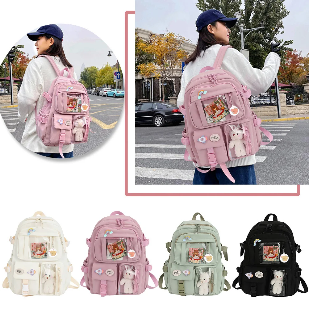 

Student Schoolbag Nylon College Student Rucksack with Plush Pendant Pin Cute Kawaii Large Capacity Japanese Style for Teen Girls
