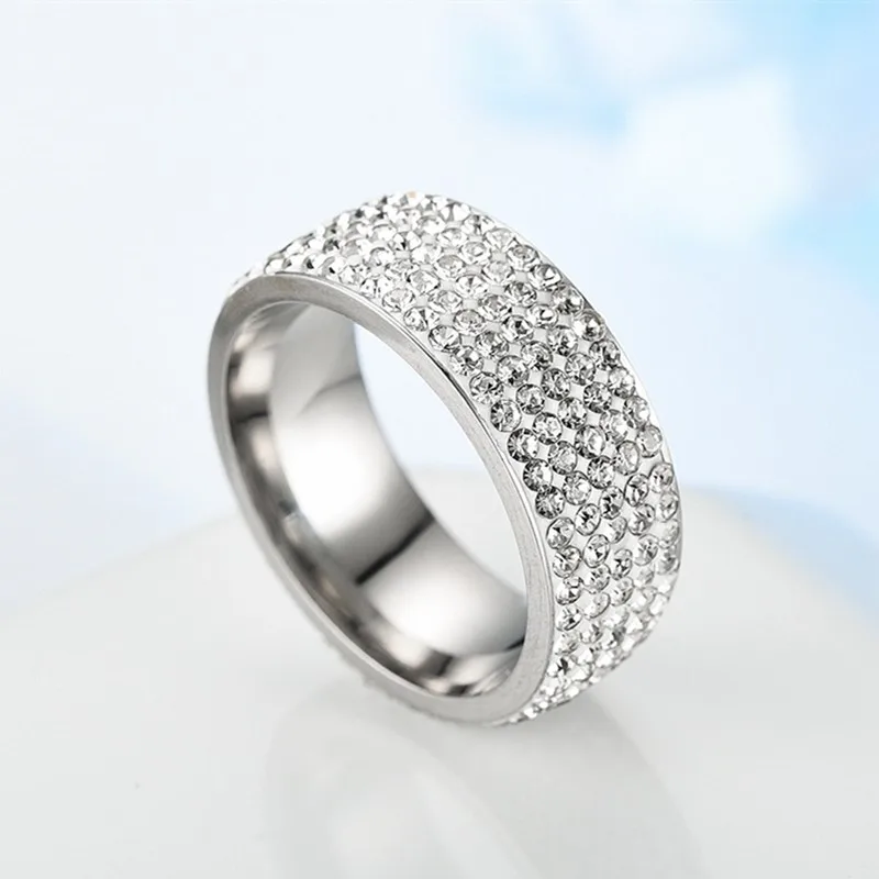 8mm Stainless Steel 5 Rows Crystal Rhinestone Ring Wedding Band for Women Men Size 6-13