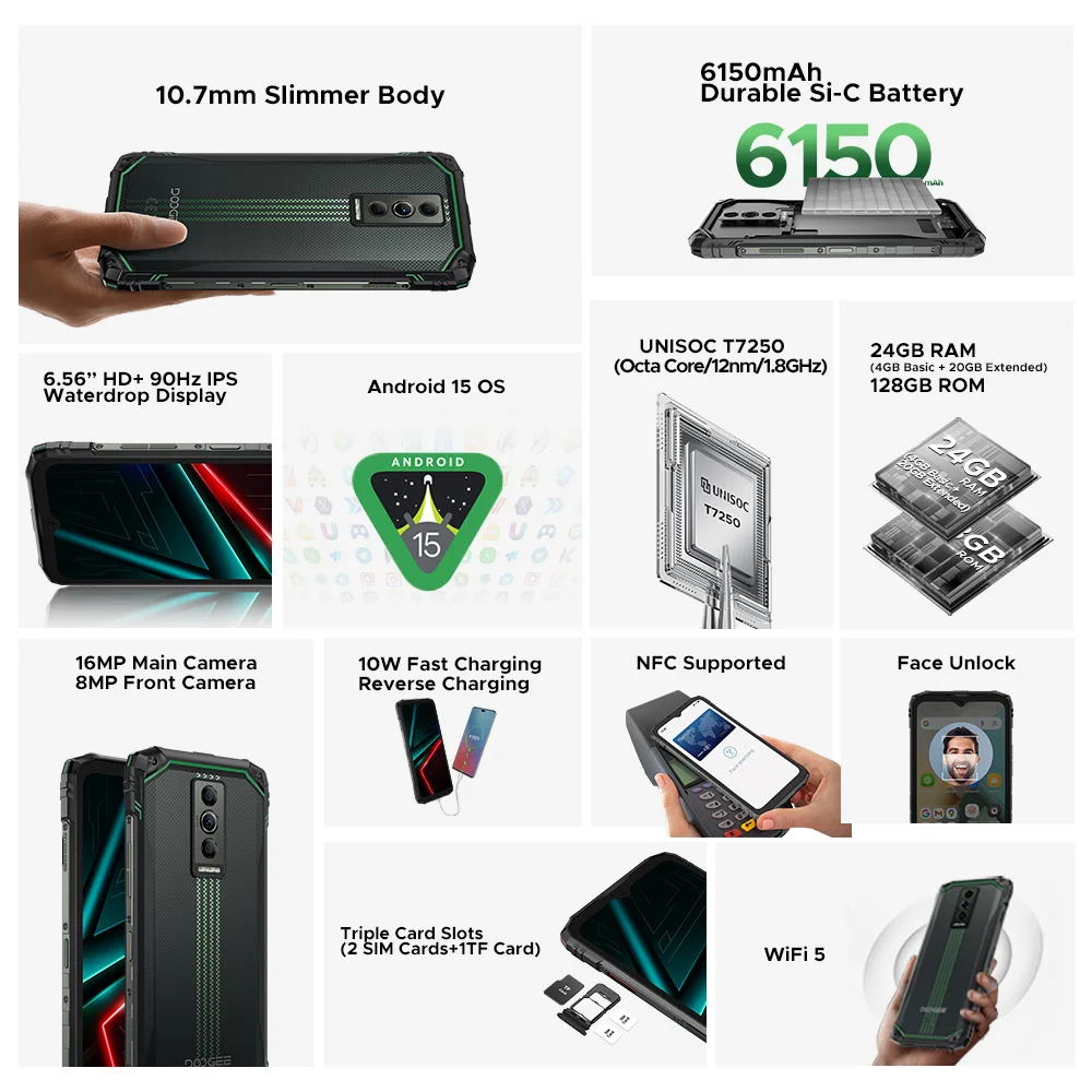 DOOGEE Blade10 الطاقة وعرة الهاتف أندرويد 15 الجوزاء AI 10.7 مللي متر رقيقة جدا 6150 مللي أمبير بطارية 6.56 بوصة شاشة واسعة L1 الهاتف المحمول