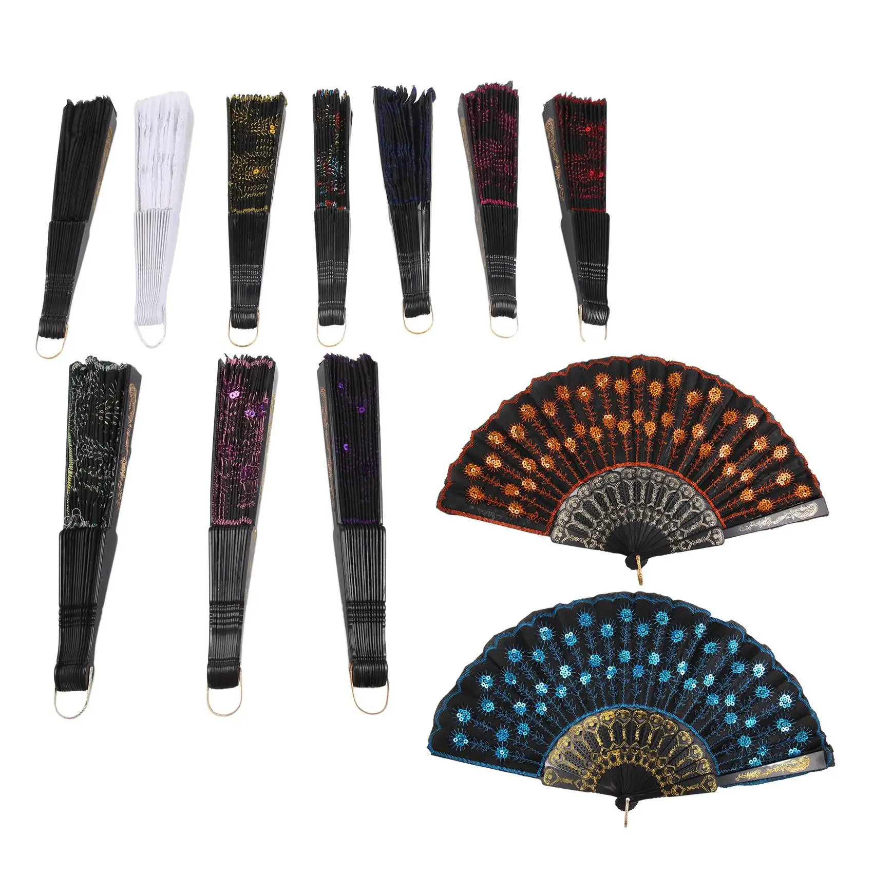 12 Pieces Sequin Fabric Folding Fans Peacock Hand Fans Flower Lace Fans Handheld Folding Fans for Women Wedding Party