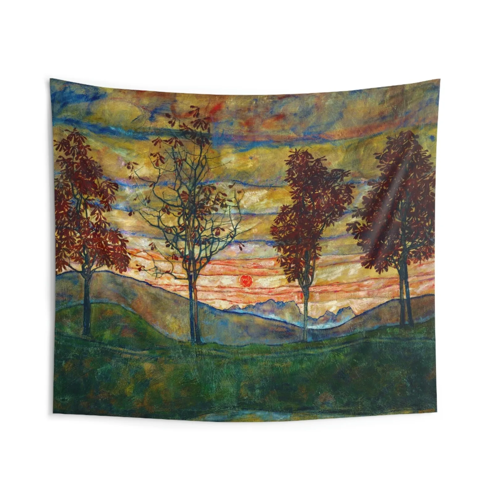 

Гобелен с изображением заката над холмами и осенними деревьями, 2D плоское настенное панно для спальни, гостиной, декор с природным пейзажем