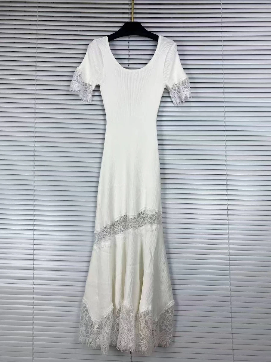 VGH Romantic Dates Brown Ribbed Knit Mermaid Dresses for Women U Neck Short Sleeve Lace Trimmed Midi Skirt for Office Commute image 3