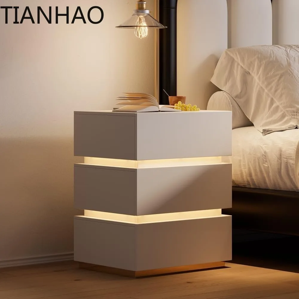 Modern Smart Nightstand with Wireless Charging Station, Bedside Table with 3 Drawers, White Night Stand with LED Light
