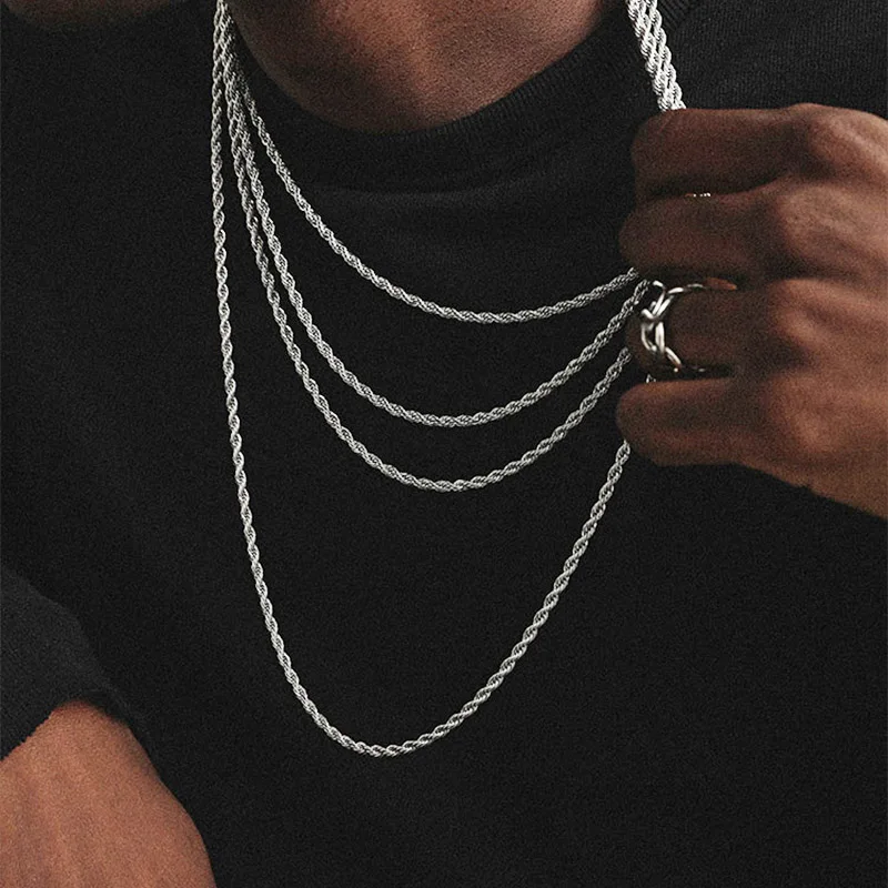 Minimalist For Men Gold Color Twisted Rope Chain Necklaces 3MM Stainless Steel Hip Hop Rapper Style Choker Necklace Jewelry C022