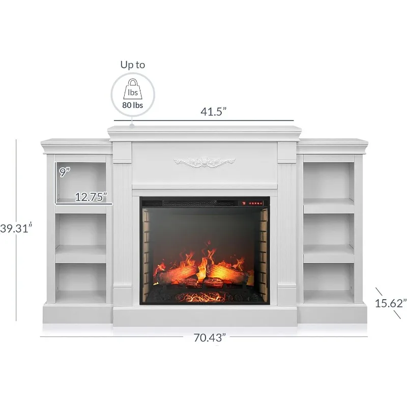 BELLEZE Modern 70 "เตาผิงไฟฟ้าเครื่องทําความร้อน Mantel ขาตั้งทีวี & Media Entertainment Center สําหรับทีวีสูงสุด 68" ประหยัดพลังงาน