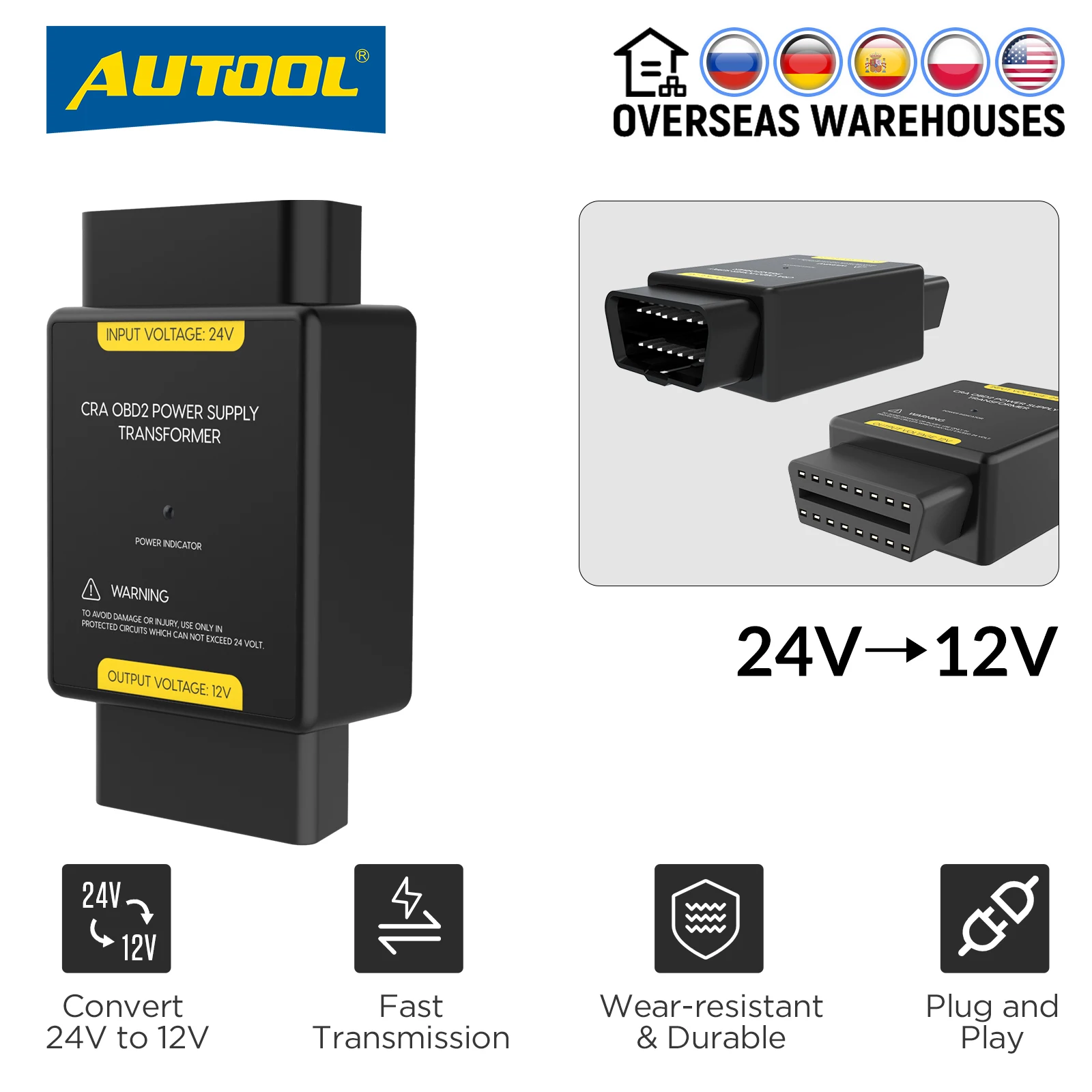 AUTOOL Car OBD Power Supply Transformer Power Adapter 24V To 12V Input Voltage 24V To Output Voltage 12V OBD Adapter Connector