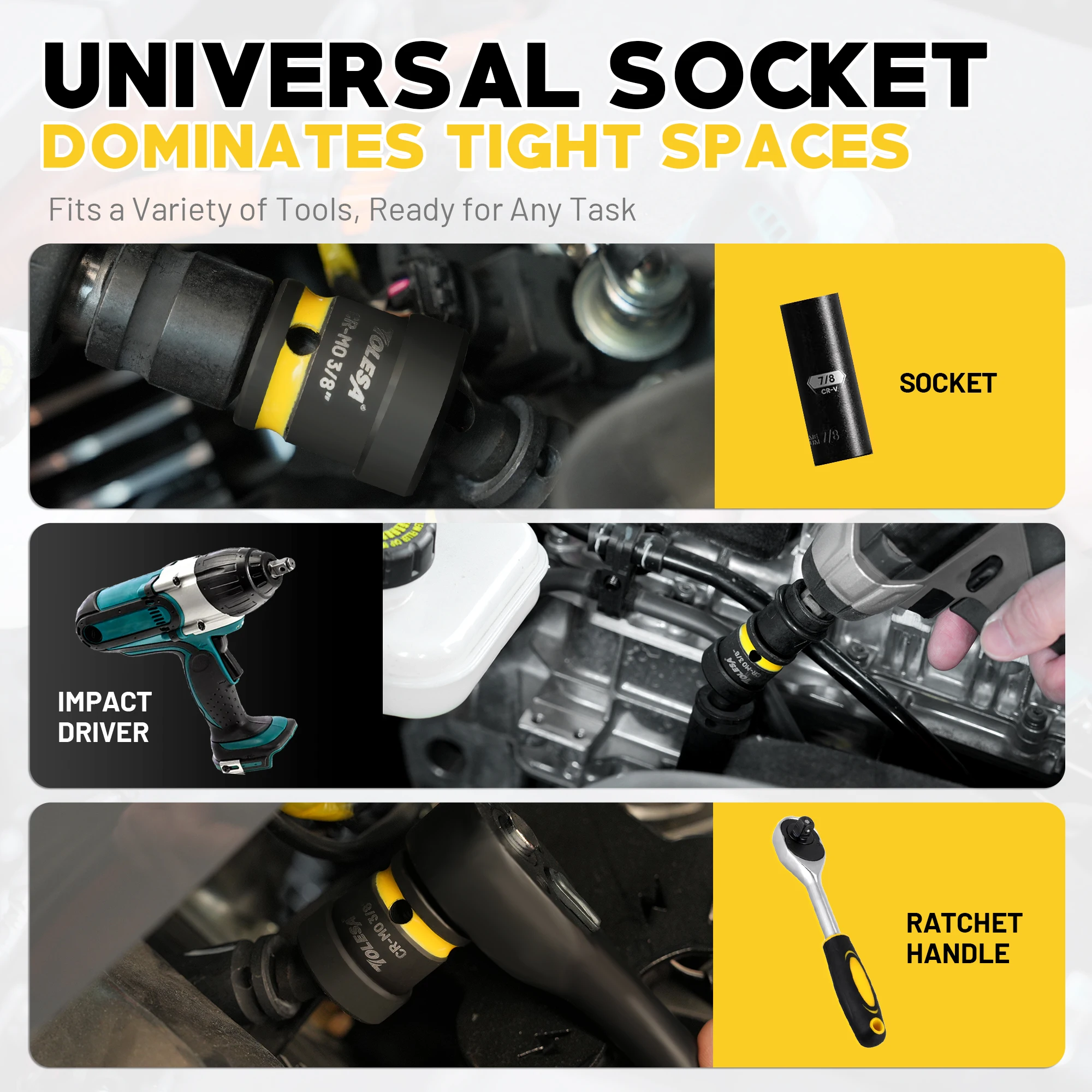 TOLESA 3 قطعة مجموعة مقابس دوارة العالمي المشترك المقبس تأثير مقبس دوار 1/4 "3/8" 1/2 "محرك مجموعة تمايل المقبس أداة ملحق #2