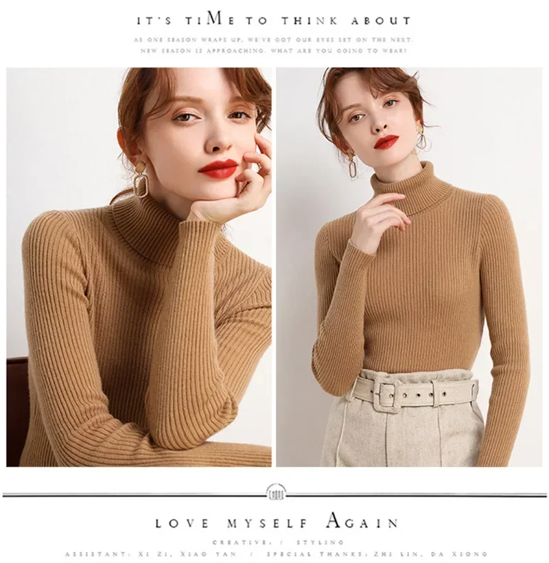 Khaki Zwykły kaszmirowy wyszczuplający sweter z golfem dla kobiet Zimowy elegancki sweter z dzianiny z długim rękawem dla kobiet Basic Pull