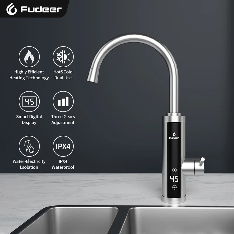 Fudeer Electric Kitchen Water Heater Faucet 3400W 220V insant Heating Tap Tankless Water Heating Geyser With Digital Display