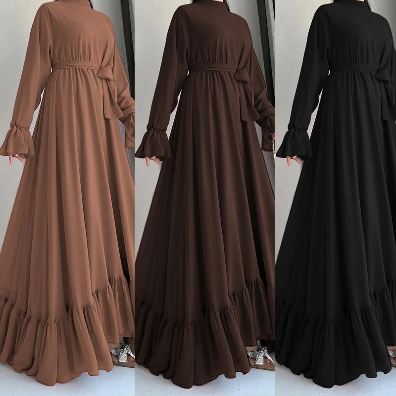 

A Fashionable And Elegant Middle Eastern Muslim Chiffon Solid-color Long Belt Dress For Women