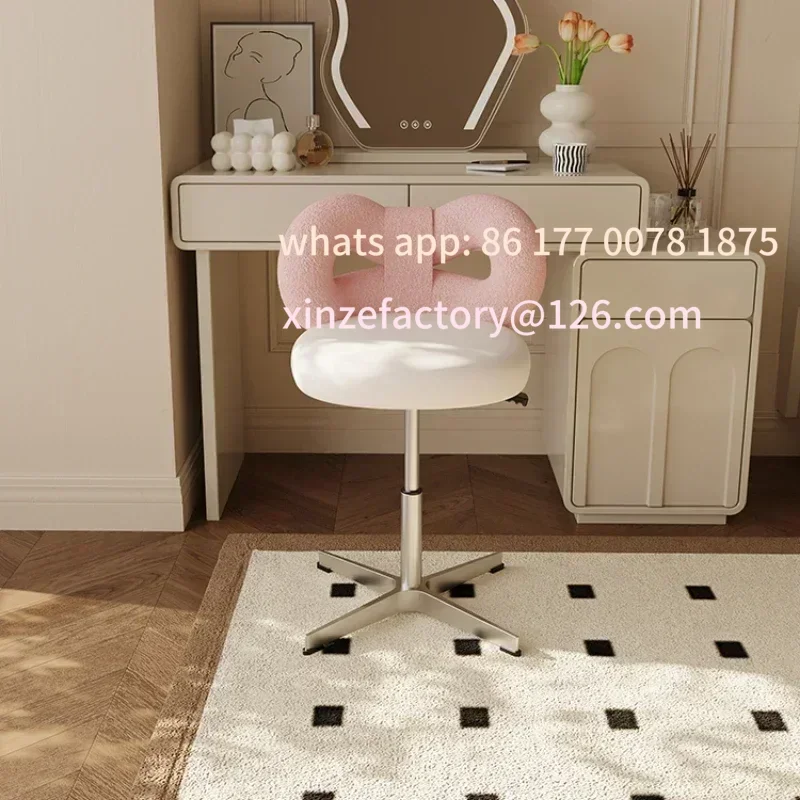 Silla de maquillaje de lana/piel de oveja ajustable personalizable, taburete de tocador giratorio, diseño de pajarita fácil de limpiar, ordenador a prueba de caídas