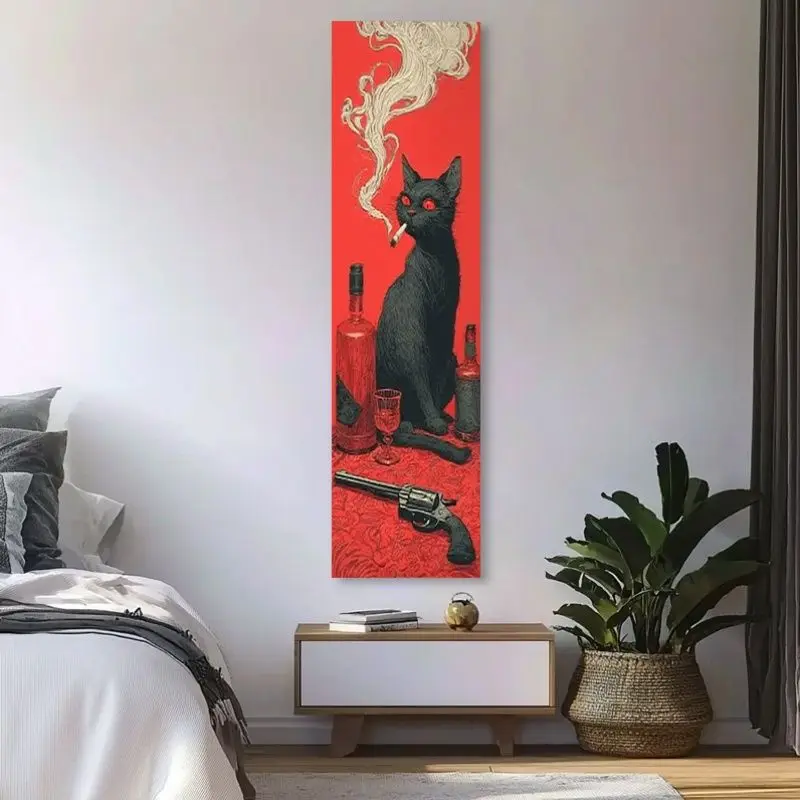 VIKAMA Dark Cat Smoking Retro Vertical Tapestry Hanging for Wall Decor Bedroom Room Cozy Aesthetic Stylish Home Decor