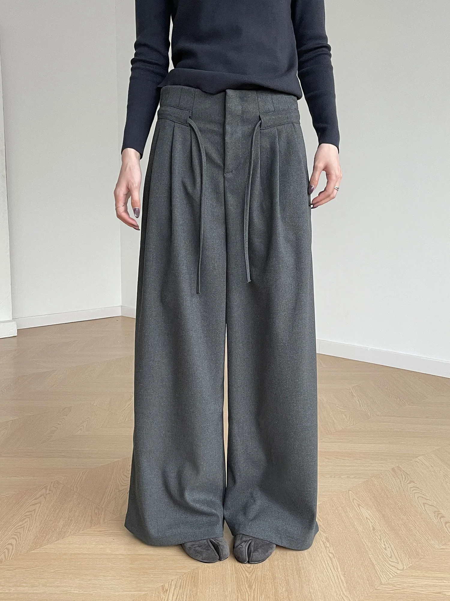 

Inbeowroom Casual Cotton Woolen Wide Leg Pants Women's Straight Cut Loose Fit Casual Trousers Versatile Dstring Design