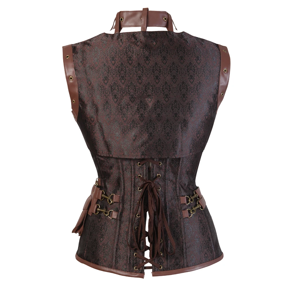 Women Steampunk  Vintage Pu Leather Corset Bustier With Jacket Halter Overbust Corset Lingerie Top Pirate Costume Plus Size