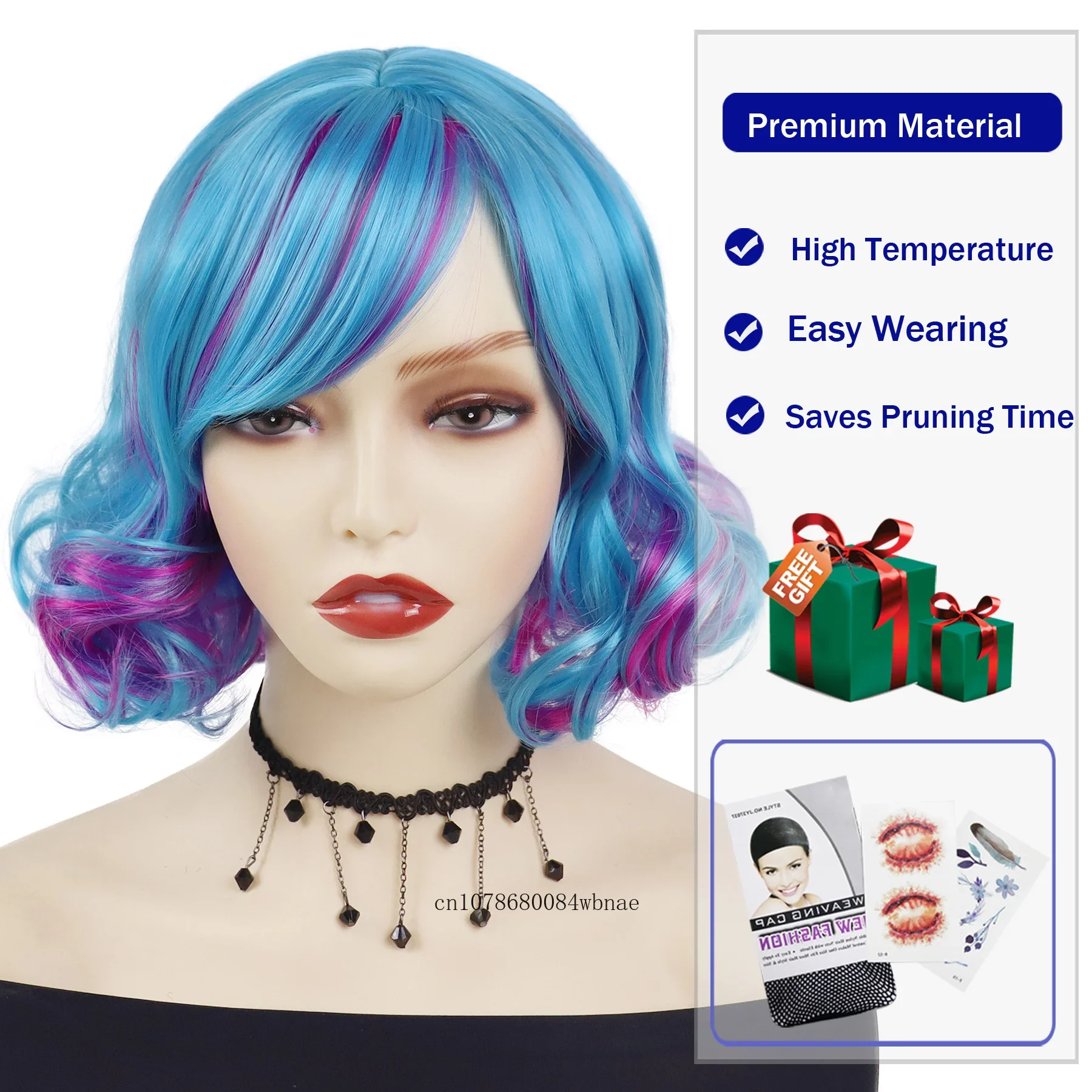 Blue Mixed Pink Wig Synthetic Hair Short Curly Wigs with Bangs for Women Ladies Heat Resistant Daily Party Cosplay Halloween