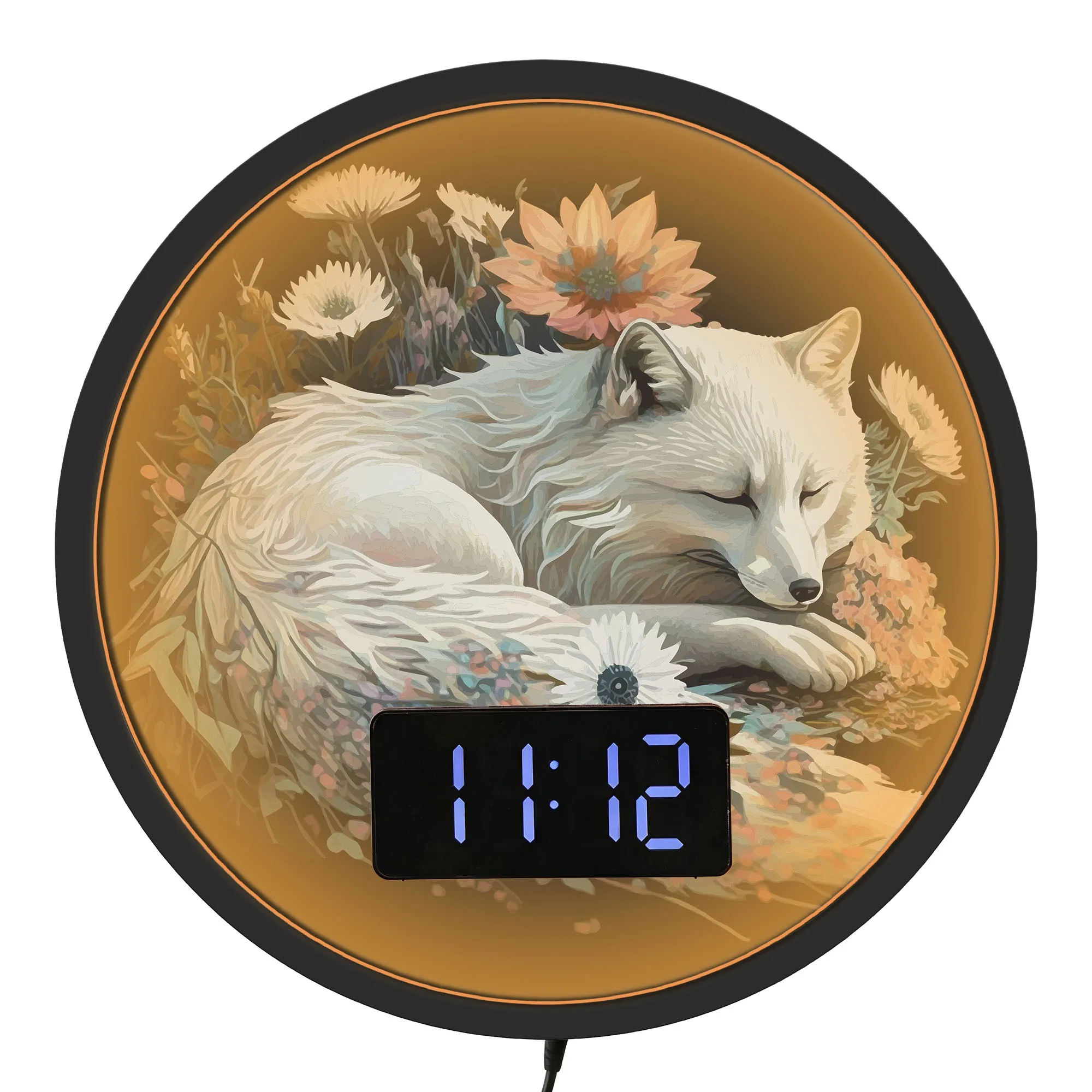 White Arctic Fox Digital Wall Clock with Temperature Calendar Date Alarm Snooze Wildlife Floral Home Decor LED Light Wall Clock