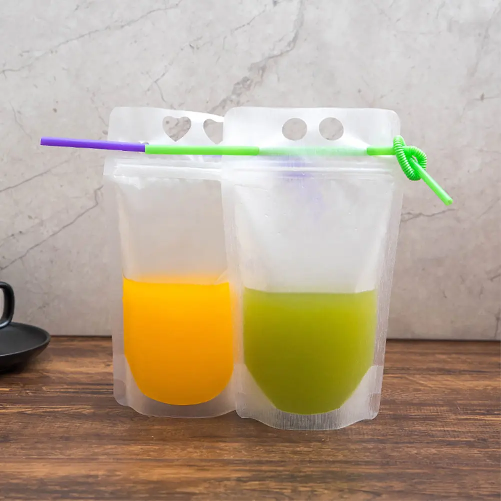 Фото 50 шт. прозрачных пакетов для сока, портативные пакеты для напитков для домашних животных, самозакрывающиеся, с ручкой, для хранения напитков, молока, чая, кофе, одноразовые