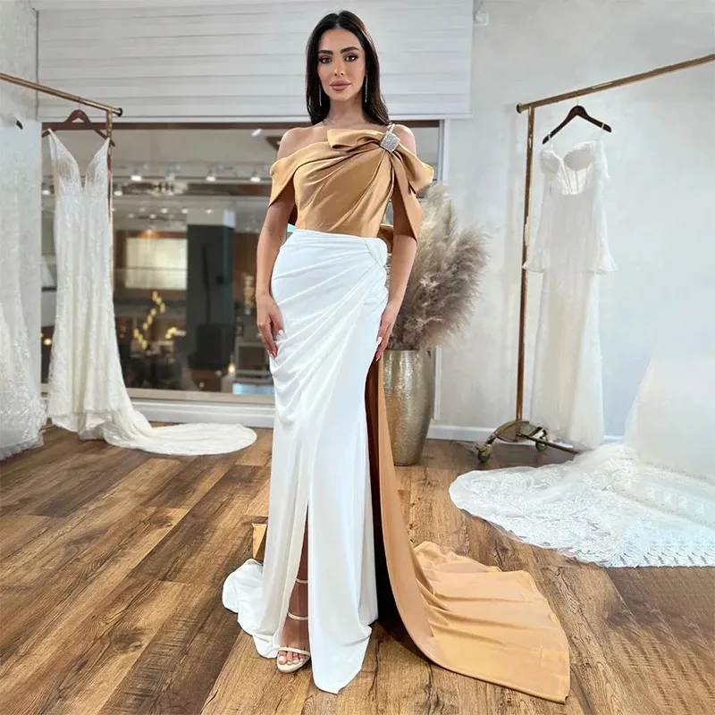 Contrast Side Split Mermaid Evening Dresses Gold White Celebrity Gown 2024 Off the Shoulder Draped Special Occasion Dress