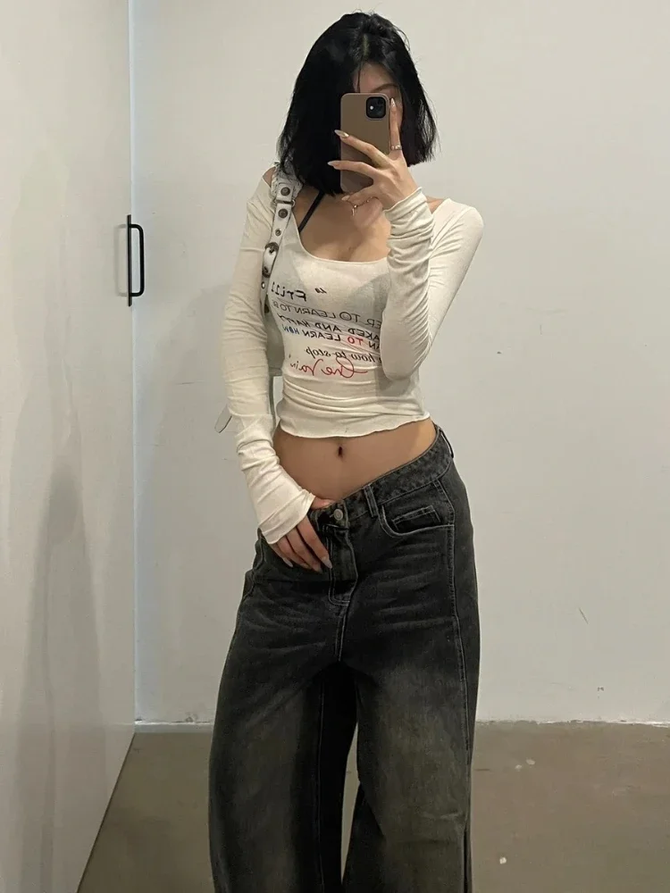 2025 Y2k 美的スリム女性のセクシーな作物 Tシャツヴィンテージレタープリントストリートグランジ Tシャツ原宿ヴィンテージゴシック Tシャツファム