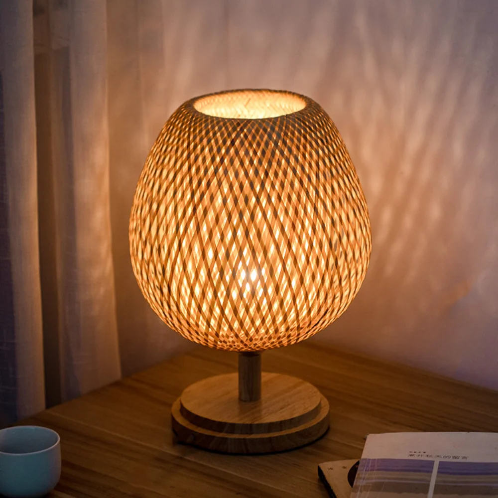 Small Rattan Table Lamp, Stepless Dimmable Beside Lamp, Vintage Wicker Wooden Nightstand Lamp, for Bedroom Living Room Desk