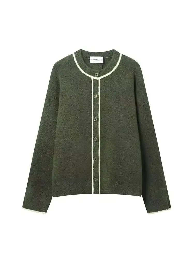 

HH Women Contrast Trim Single-breasted O-Neck Jacket Women Spring Autumn Versatile Short Warm Commuting Knitted Cardigan Top