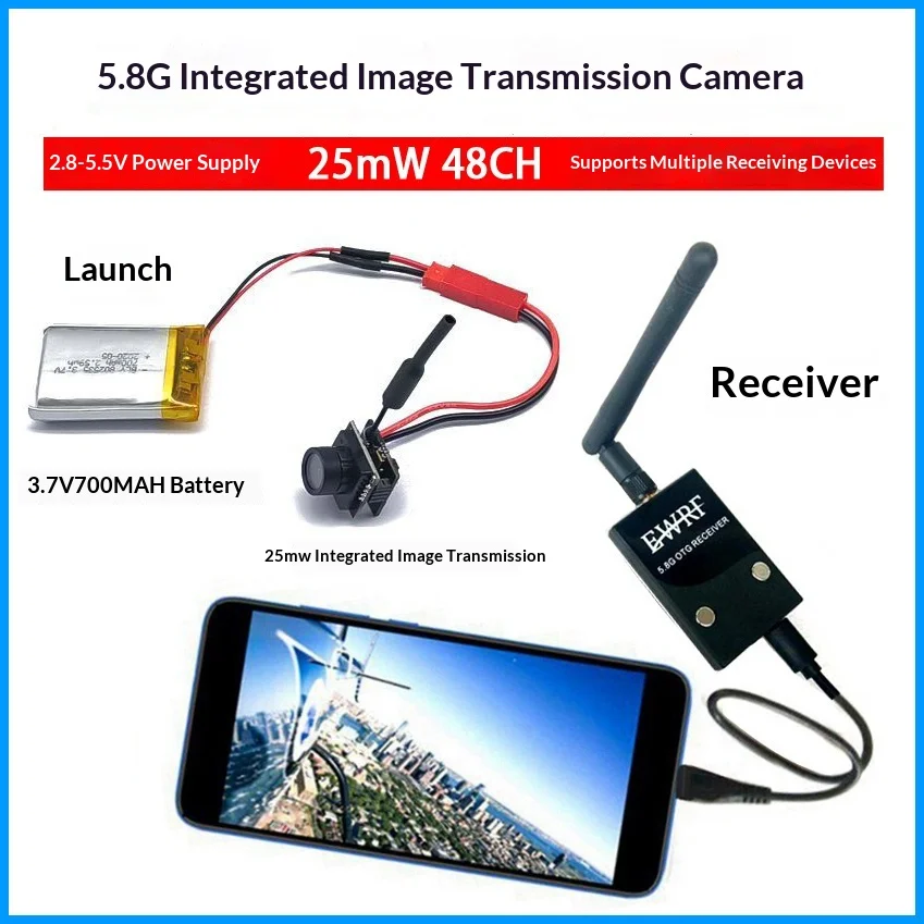 5,8 G hochauflösende FPV-Bildübertragungskamera, kabelloser Sender, Echtzeit-Handyempfänger für Modellflugzeuge und