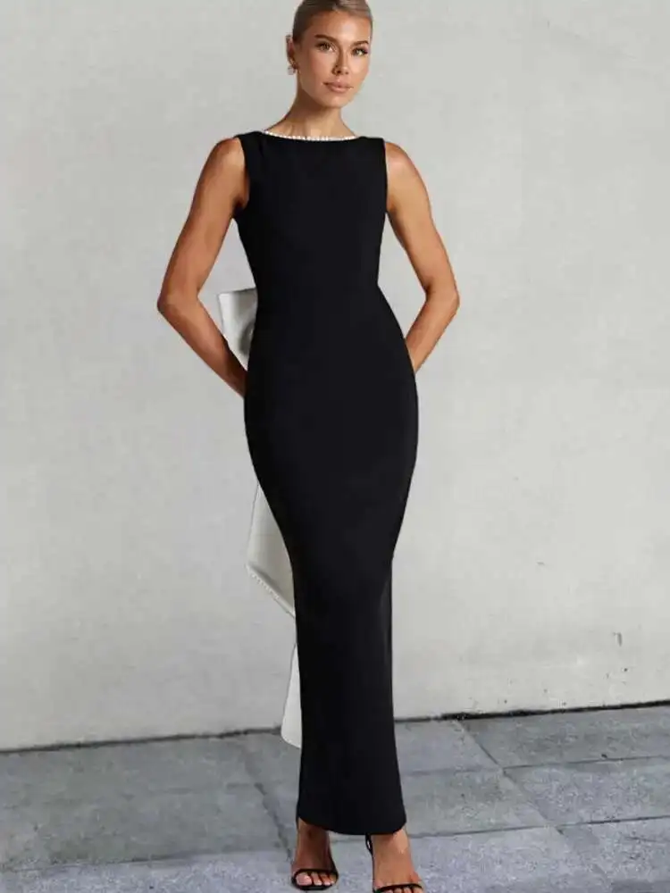 BabYoung パールリボンノースリーブバックレスセクシーなパーティー女性 2025 エレガントなサマードレスナイトクラブボディコンマキシロングドレス