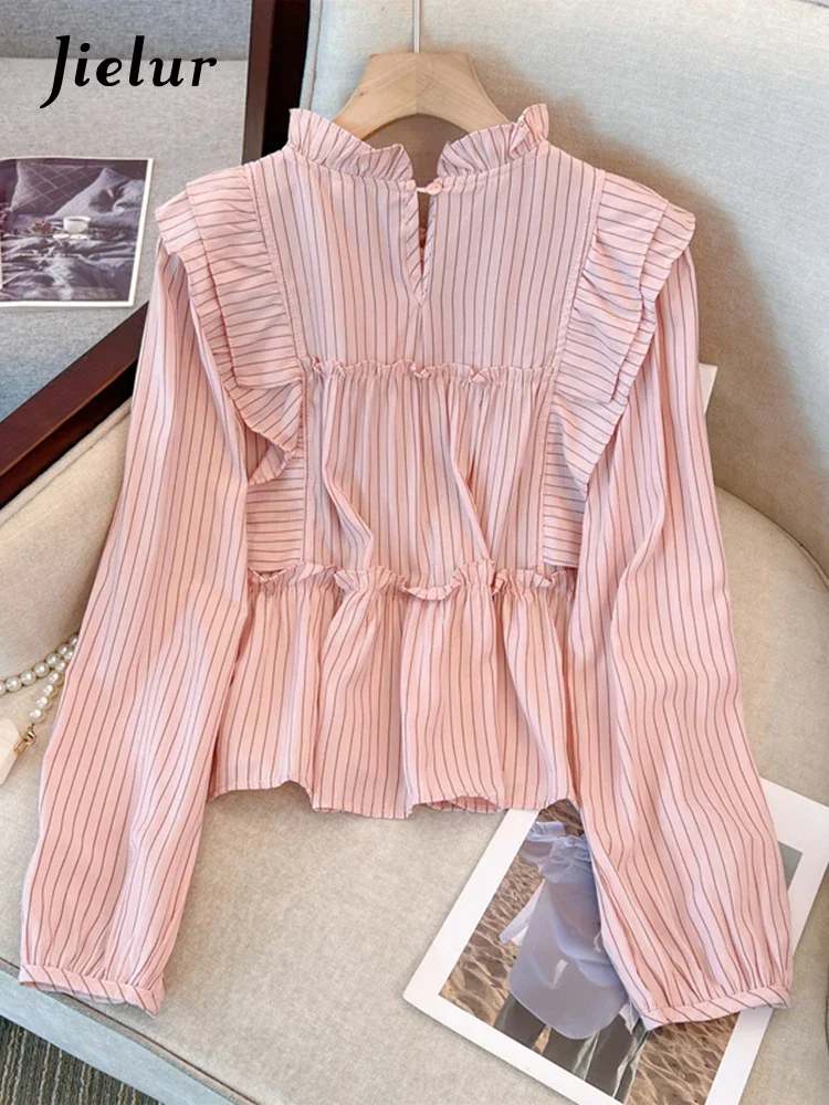 Jielur French Vintage Vertical Striped Loose Women Blouse Sweet Ladies Elegant Blouse Female Pink White Ruffles Collar New Top