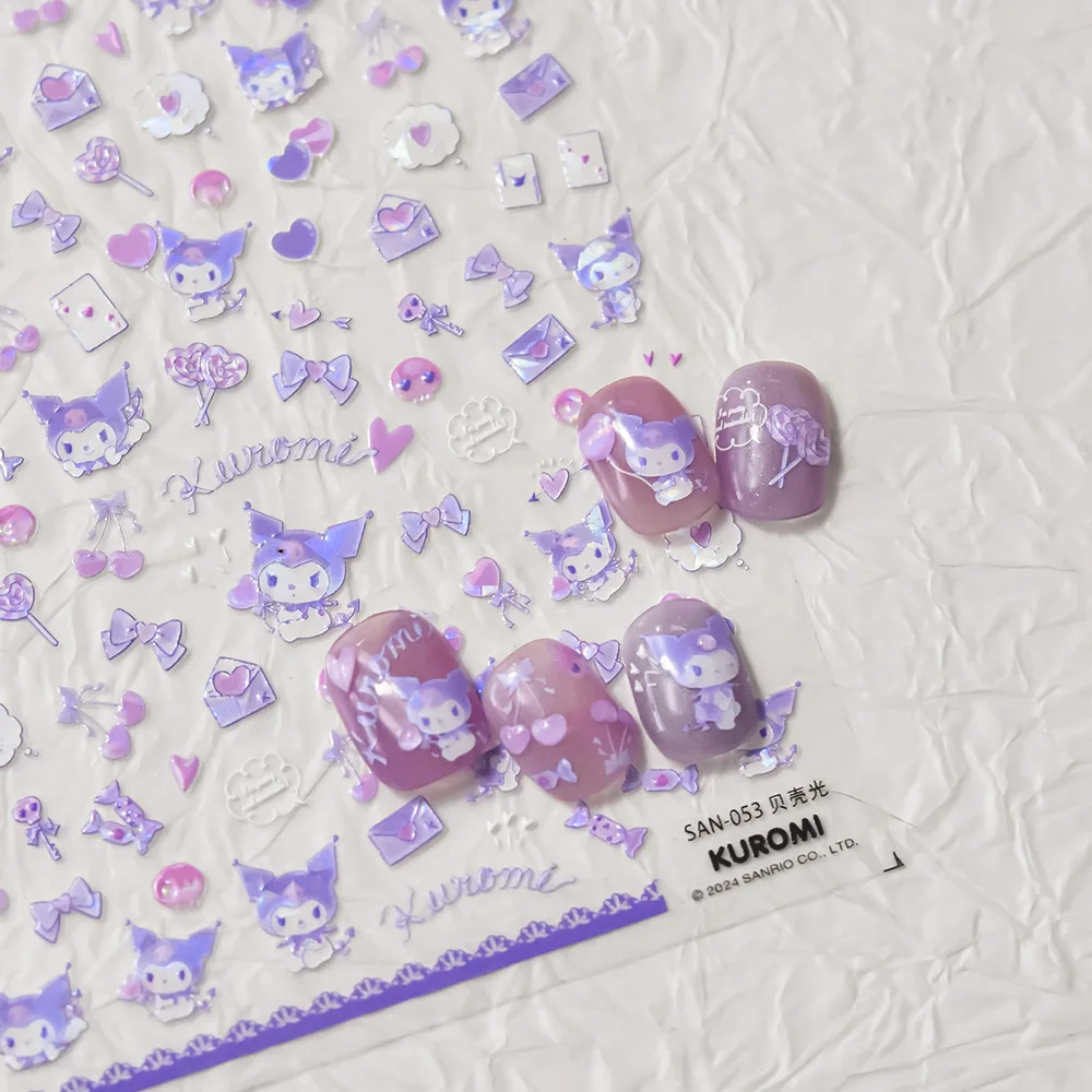 New Sanrio Cute Kuromi Nail Art Stickers Nail Art Supplies Cartoon Hello Kitty Embossed Flat Sticker Nail Slider Press on Nails