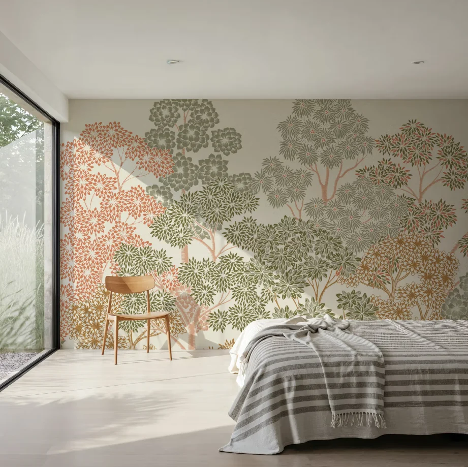 

Customized wallpaper with soft green, orange, gray, beige background, each tree with floral shapes, creative workspace murals