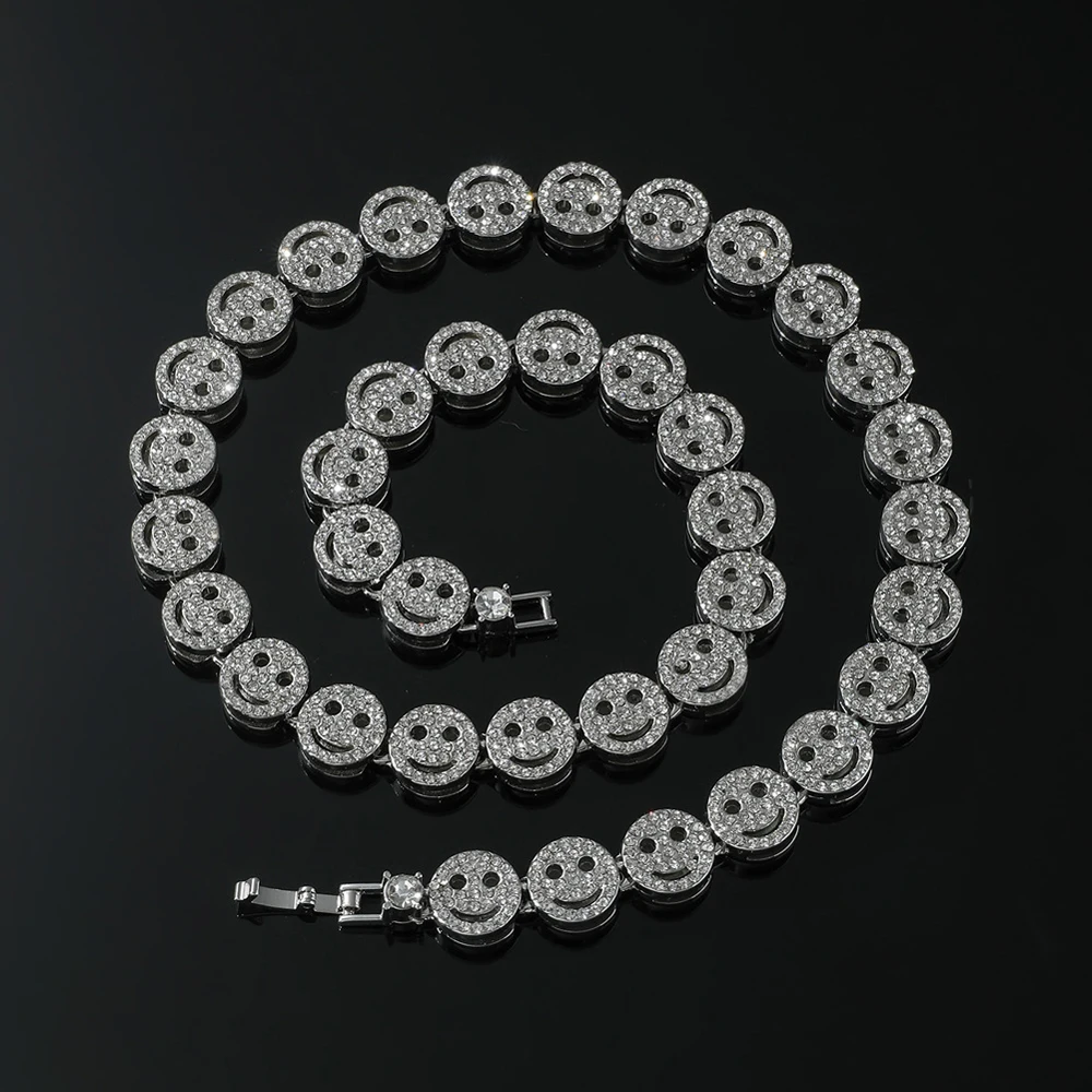 Men Hip Hop Round Smiley Tennis Chain Necklace HipHop Iced Out Bling 12mm Crystal Bracelet Necklaces Suit Fashion Charm Jewelry