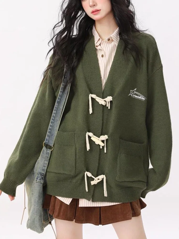 

Winter Warm Elegant Vintage Sweater Women Knitted Green Korean Sweet Cardigan Female Pockets Chic Casual France Coat Autumn 2024