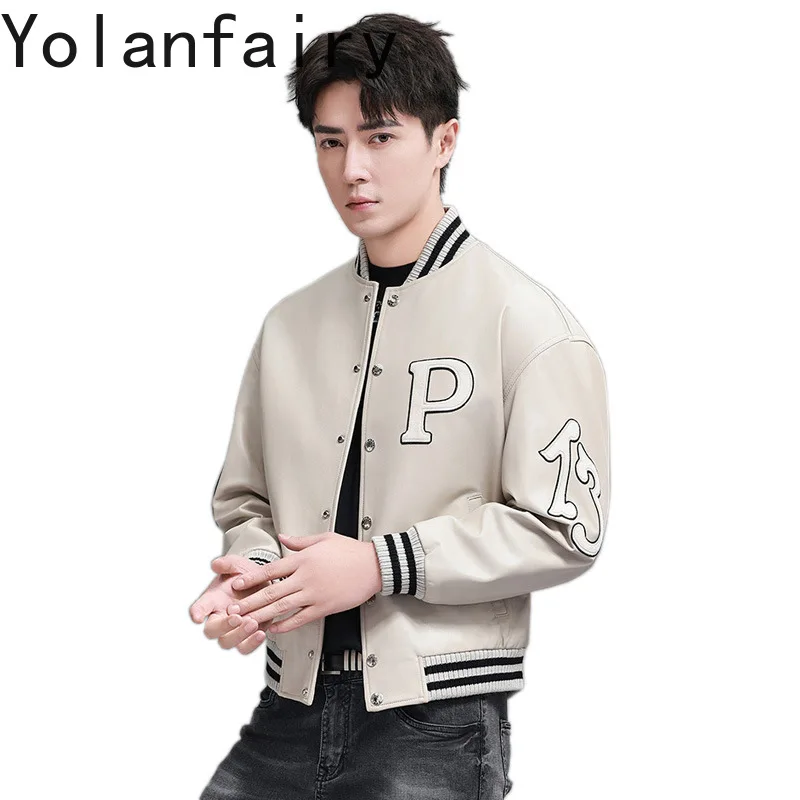 YOLANFAIRY Top Quality Real Sheepskin Genuine Leather Jackets Man Loose Embroidered Men's Flight Suit Motorcycle Leather Coats
