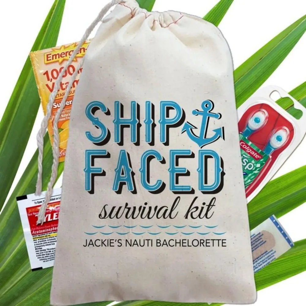 25 pcs Custom Ship Faced Hangover Kit Bags - Nautical Party Favors - Cruise Vacation, Boat Bachelorette or Bachelor Party