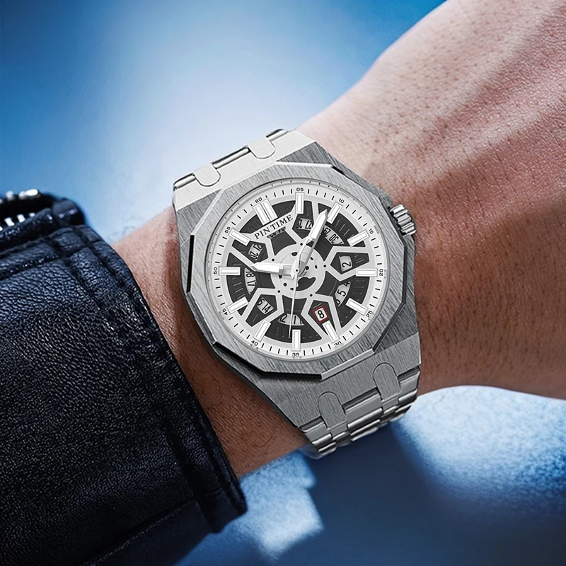 Luxe Man Horloge Creatieve Mechanische Stijl Quartz Waterdicht Lichtgevende Datum Chronograaf Heren Horloge Sport Heren Horloges Reloj