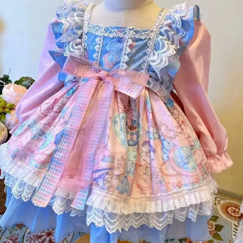 

Милое кружевное бальное платье принцессы с цветочным принтом в стиле Лолиты для маленьких девочек, газовое платье с бантом, детская одежда для праздника и дня рождения