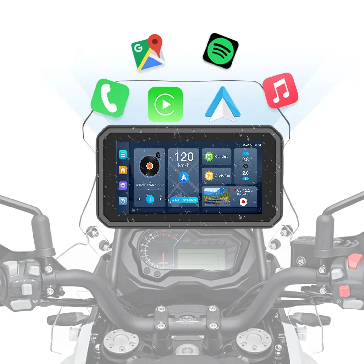 

Motorcycle Screen Android 6 Inch Ap ple CarPlay Car Dvd Player With TP Monitoring IPX8 Waterproof Front and Rear Cam eras