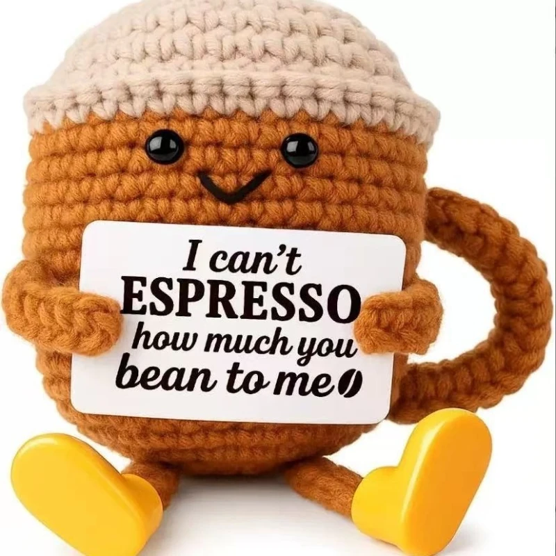 Funny Crochet Emotional Support Coffee Doll With Card Desktop Ornament Handmade Knitted Coffee Dolls Christmas Gifts Home Decor 4