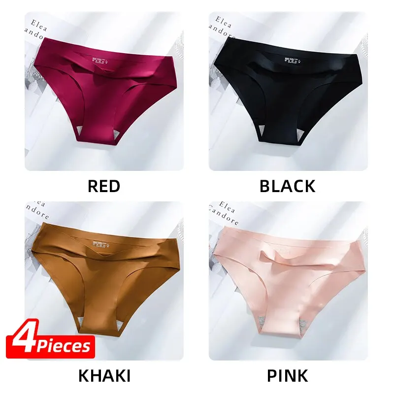 4 Pieces Women Traceless Panties Briefs Underwear Pink Black Red Khaki L XL 2XL Low Waist Ice Silky Smooth Feeling