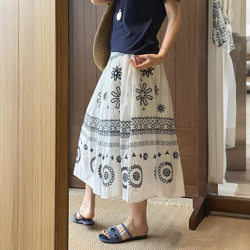 

Spring New Style Lightweight White Embroidered Floral Vintage Loose Wide Leg Casual Pants Long Pants Half Skirt Pants