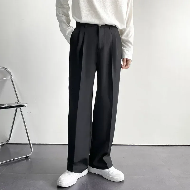 2024 Korean Fashion Men\'s Straight Loose Casual Trousers Trend Suit Pants White Black Khaki Wide Leg Long Pants Plus Size 36 38