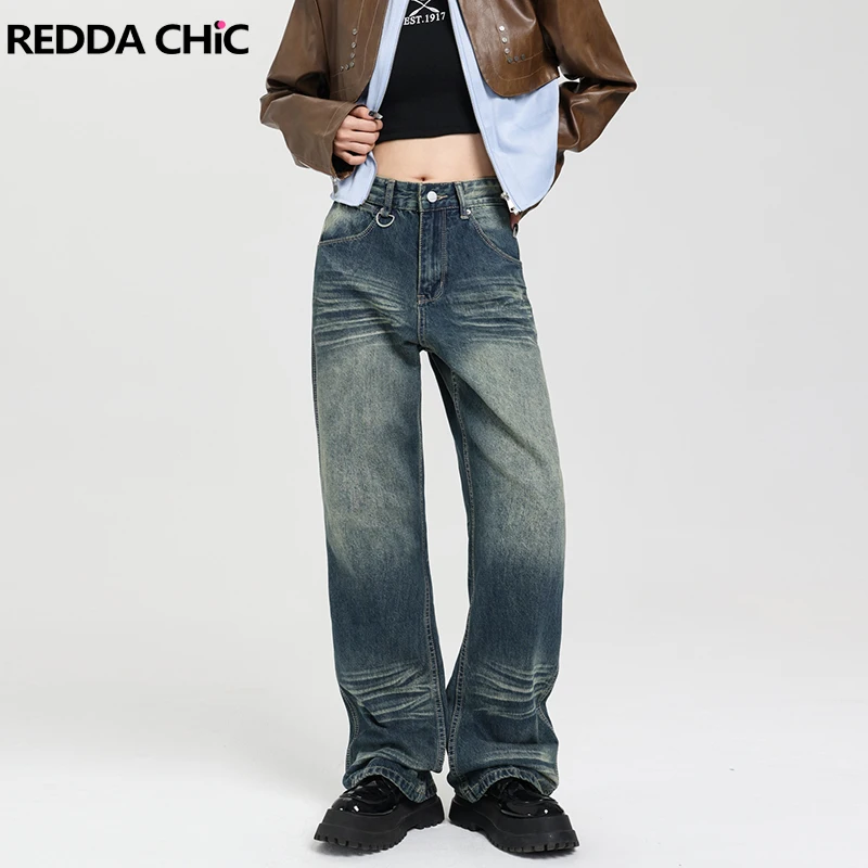 

REDDACHiC Blue Brushed Boyfriend Jeans Women Bleached Blue Vintage Low Rise Straight Wide Leg Casual Pants Y2k Korean Streetwear