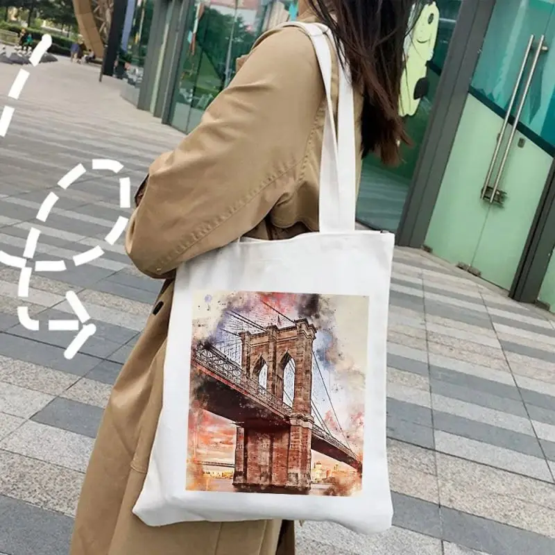 Ink Painting Watercolor Shoulder Bags Large Capacity New York Paris Shopping Bag Fashion Tote Handbag Canvas Girl Environmental