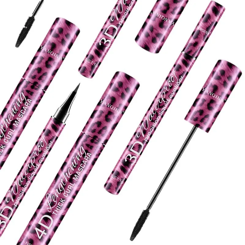 Red Leopard Print 2 in 1 Makeup Set Mascara and Eyeliner Waterproof Quick Dry Volumizing Curling Smudge Proof for Party Date