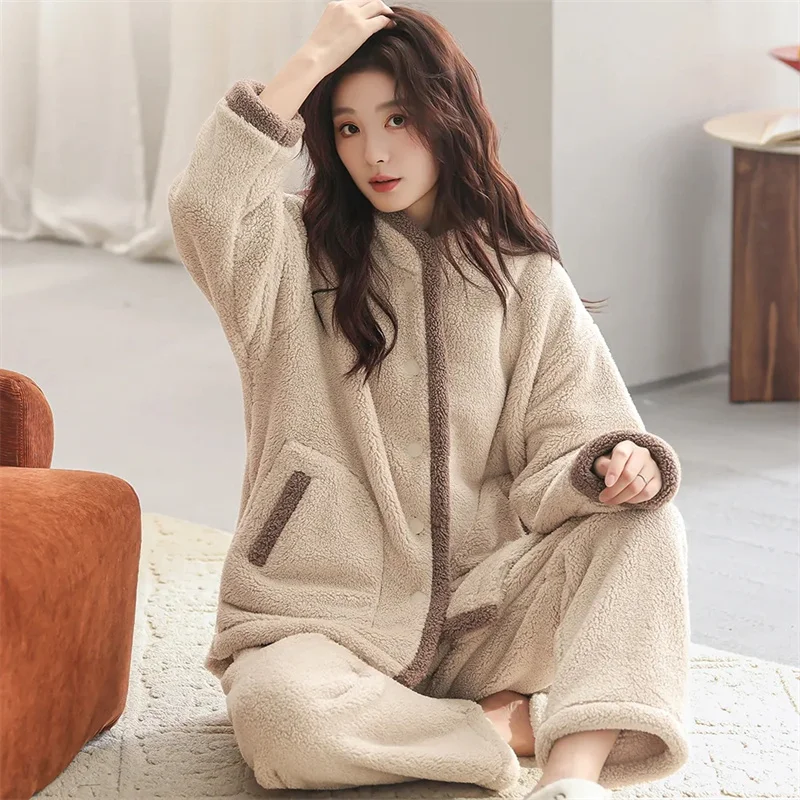 

Корейская женская пижама с воротником-стойкой, комплект из двух предметов, женский костюм из кораллового флиса с длинными рукавами, осенне-зимняя женская модная домашняя одежда, 2 шт.