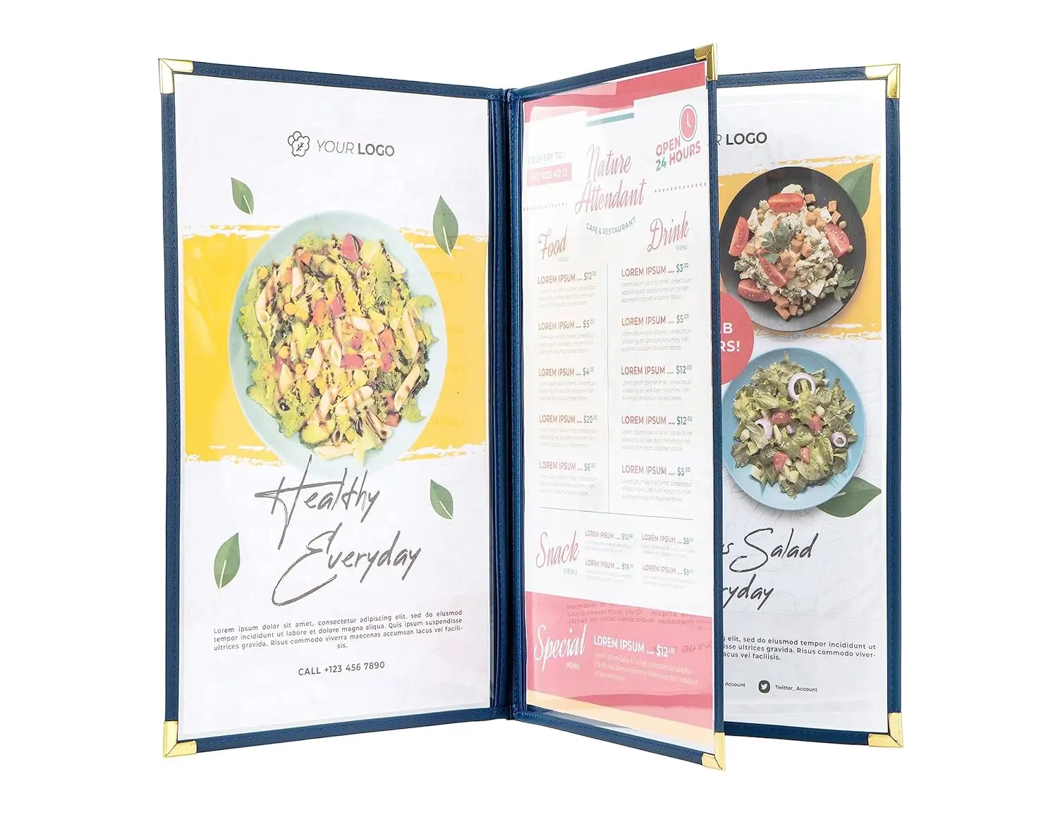 

Обложки для меню, трехслойные, 3 кармана, 6 видов разворота, для бумаги формата 8,5 x 14 дюймов, упаковка из 6 штук, синяя окантовка + старый металлический карман