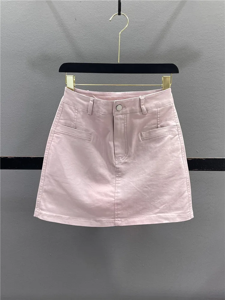 Casual Washed Cotton A-Line  Skirt Women's Anti-Light Slimming Versatile Short Skirt High Waist Zipper Style Pure Color